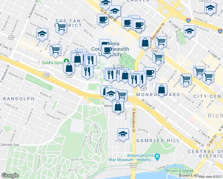 map of restaurants, bars, coffee shops, grocery stores, and more near 137 South Cherry Street in Richmond