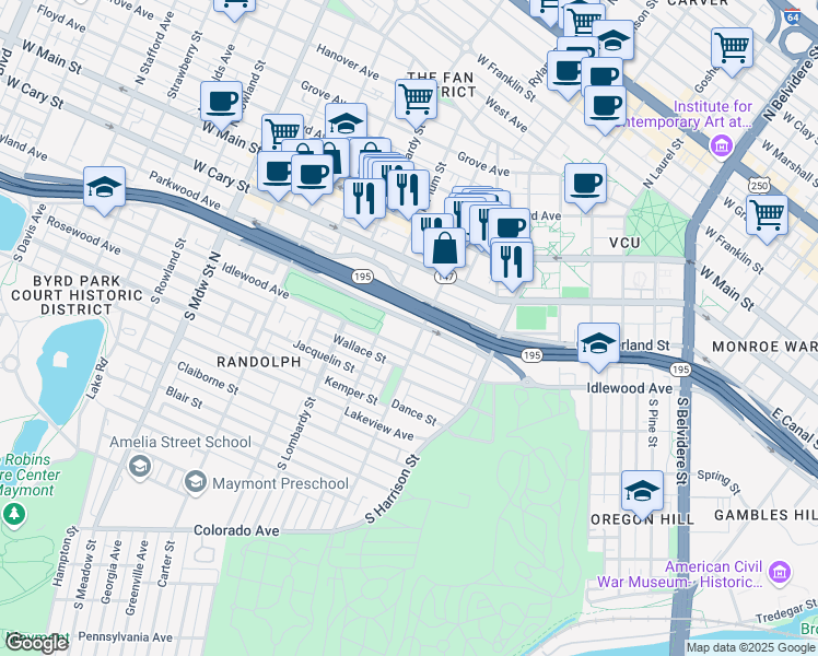 map of restaurants, bars, coffee shops, grocery stores, and more near 300 South Randolph Street in Richmond