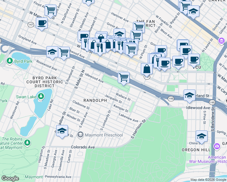 map of restaurants, bars, coffee shops, grocery stores, and more near 1600 Wallace Street in Richmond