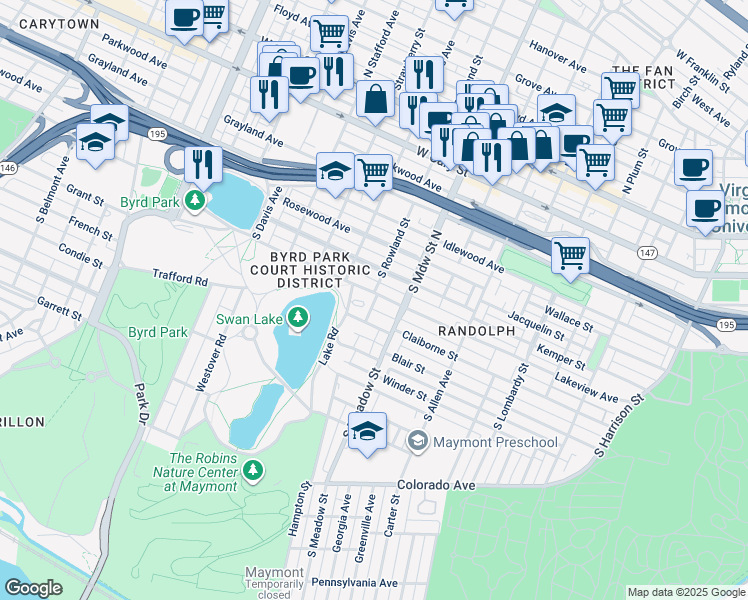 map of restaurants, bars, coffee shops, grocery stores, and more near 719 Byrd Park Court in Richmond