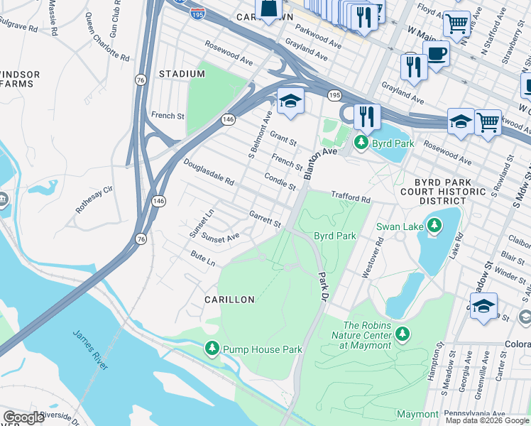 map of restaurants, bars, coffee shops, grocery stores, and more near 3002 Garrett Street in Richmond