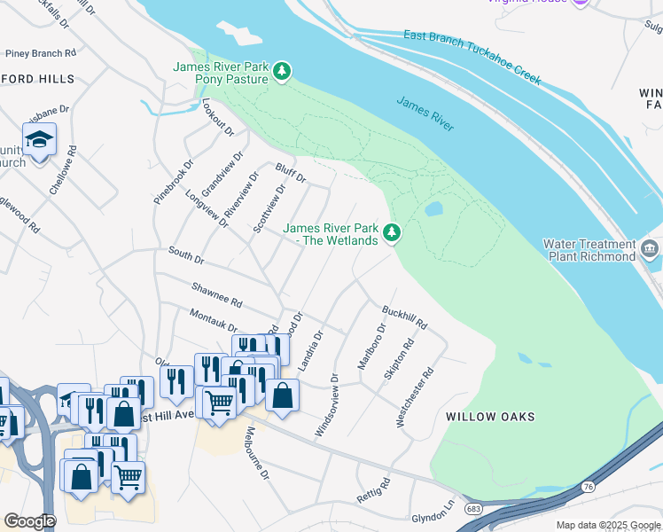 map of restaurants, bars, coffee shops, grocery stores, and more near 3325 Blithewood Drive in Richmond