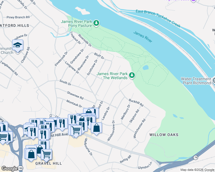 map of restaurants, bars, coffee shops, grocery stores, and more near 3317 Blithewood Drive in Richmond