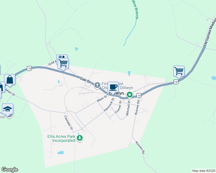 map of restaurants, bars, coffee shops, grocery stores, and more near Oak St in Dillwyn