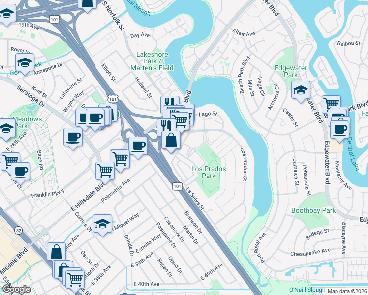 map of restaurants, bars, coffee shops, grocery stores, and more near 3061 La Selva Street in San Mateo