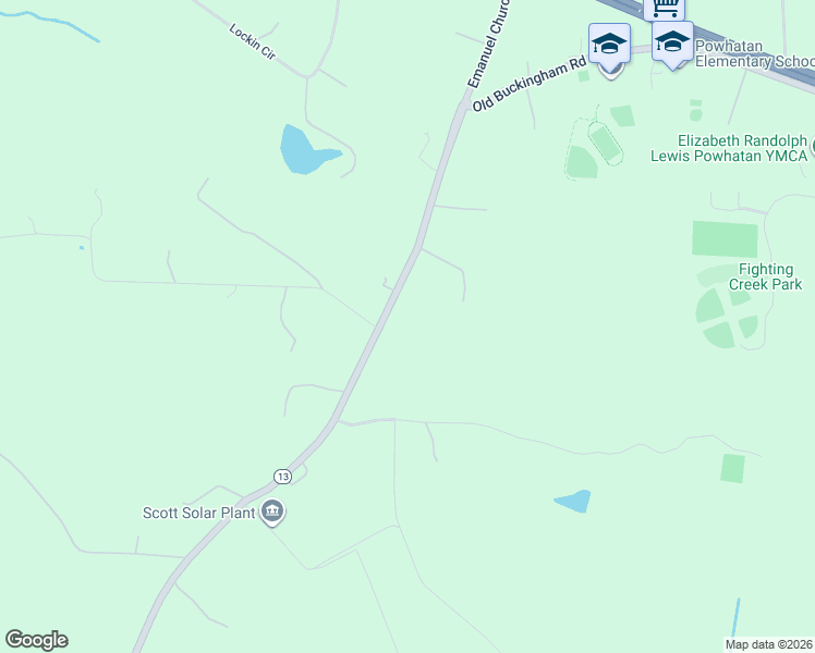 map of restaurants, bars, coffee shops, grocery stores, and more near 4261 Old Buckingham Road in Powhatan