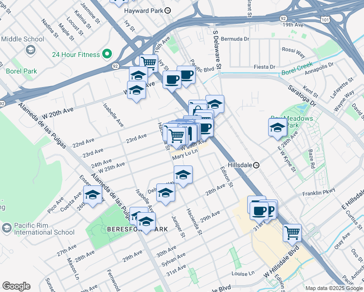 map of restaurants, bars, coffee shops, grocery stores, and more near 168 West 25th Avenue in San Mateo