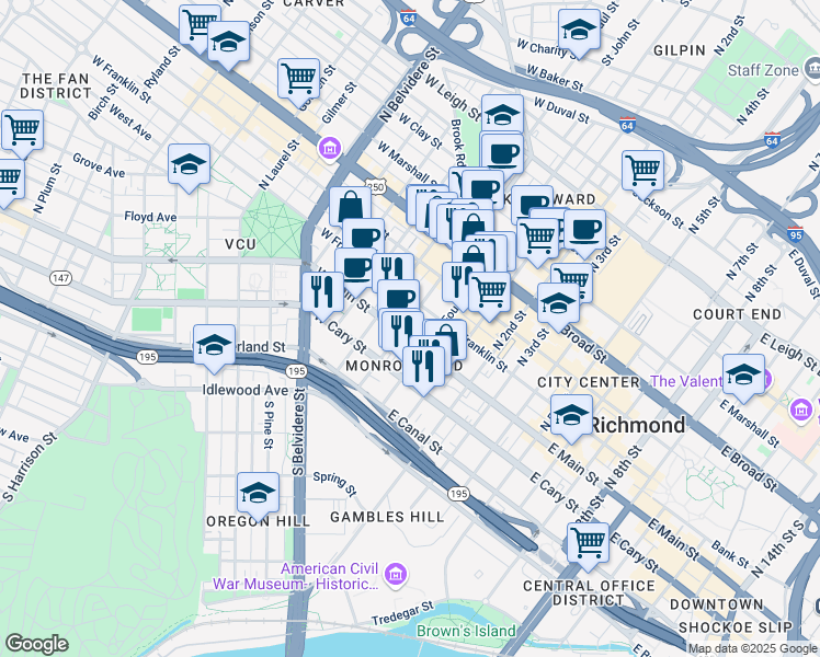 map of restaurants, bars, coffee shops, grocery stores, and more near 14 West Main Street in Richmond
