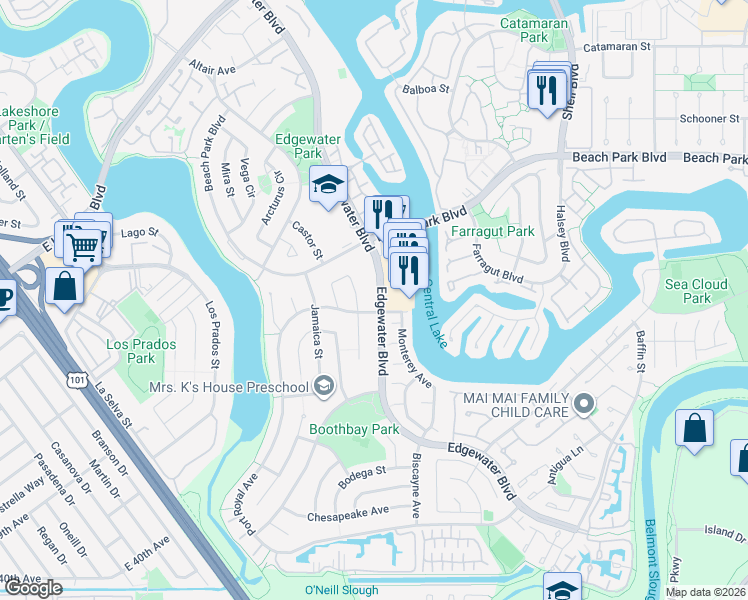map of restaurants, bars, coffee shops, grocery stores, and more near in Foster City