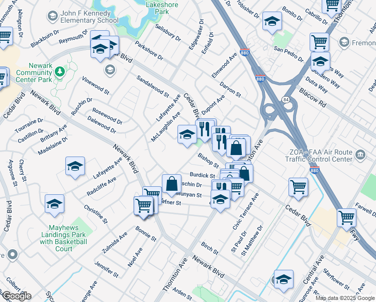 map of restaurants, bars, coffee shops, grocery stores, and more near 5735 Musick Avenue in Newark