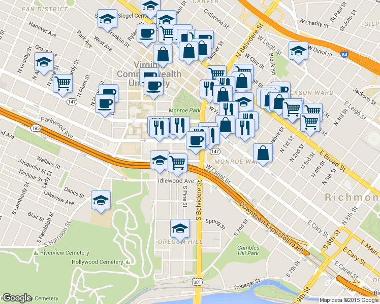 map of restaurants, bars, coffee shops, grocery stores, and more near 101 1/2 South Pine Street in Richmond