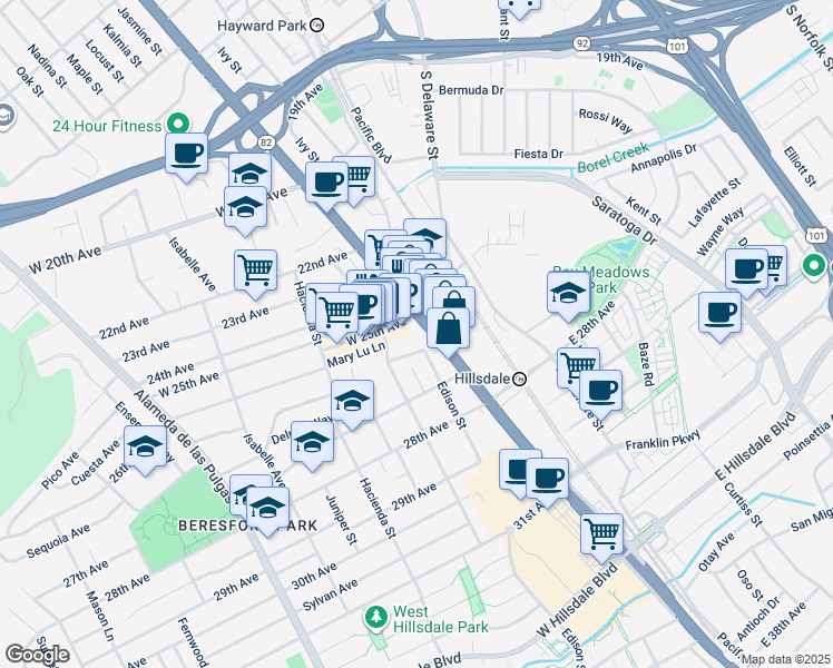map of restaurants, bars, coffee shops, grocery stores, and more near 40 26th Place in San Mateo