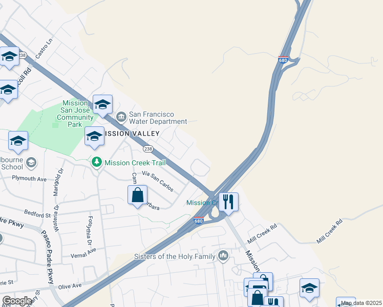 map of restaurants, bars, coffee shops, grocery stores, and more near 267 Campina Court in Fremont