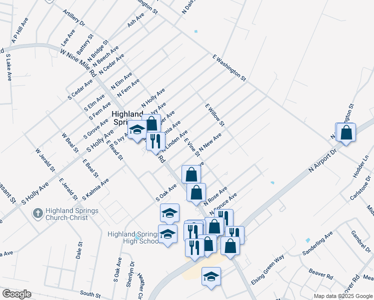map of restaurants, bars, coffee shops, grocery stores, and more near 21 North Mapleleaf Avenue in Highland Springs
