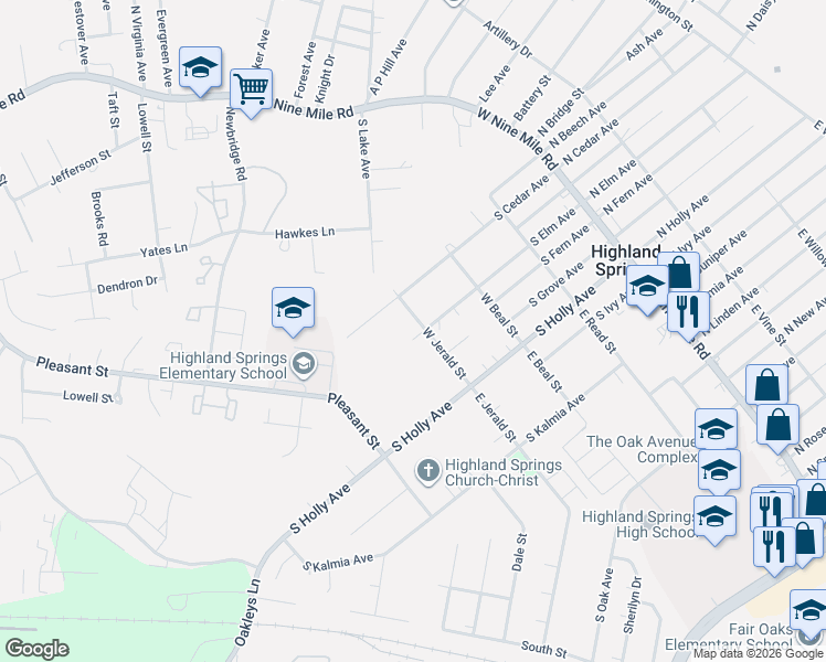 map of restaurants, bars, coffee shops, grocery stores, and more near 211 West Jerald Street in Highland Springs