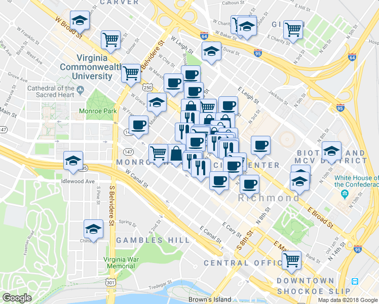 map of restaurants, bars, coffee shops, grocery stores, and more near 12 East Franklin Street in Richmond
