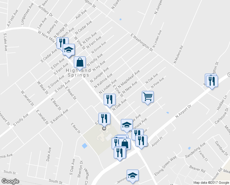 map of restaurants, bars, coffee shops, grocery stores, and more near 21 North Mapleleaf Avenue in Henrico