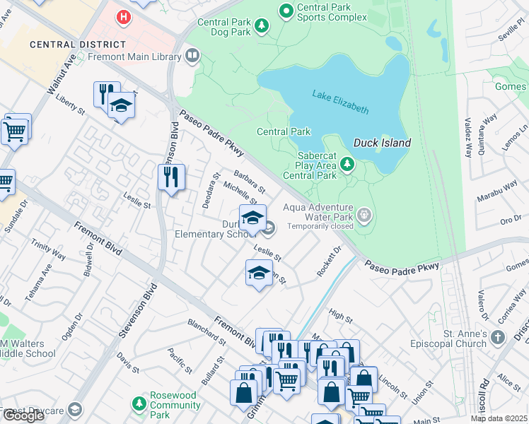 map of restaurants, bars, coffee shops, grocery stores, and more near 3248 Mission View Drive in Fremont
