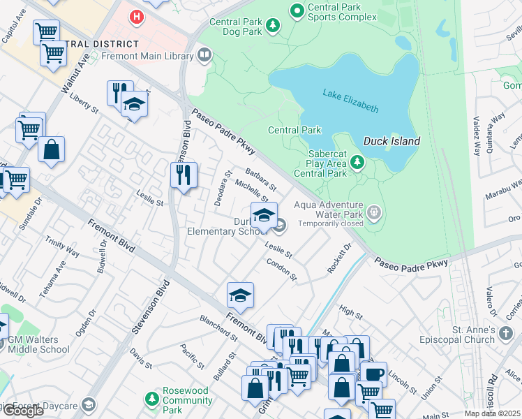 map of restaurants, bars, coffee shops, grocery stores, and more near 3380 Clifton Court in Fremont
