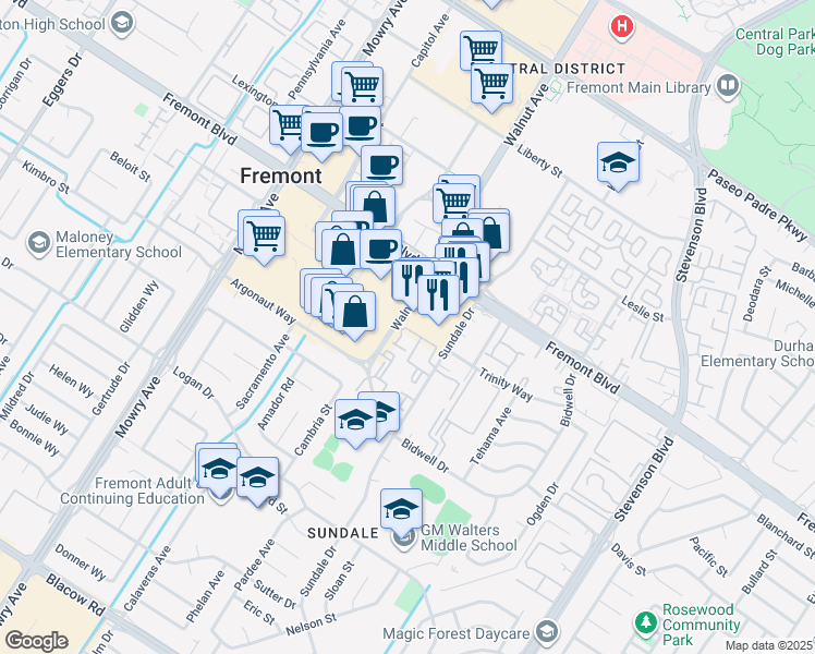 map of restaurants, bars, coffee shops, grocery stores, and more near 39531 Ross Common in Fremont