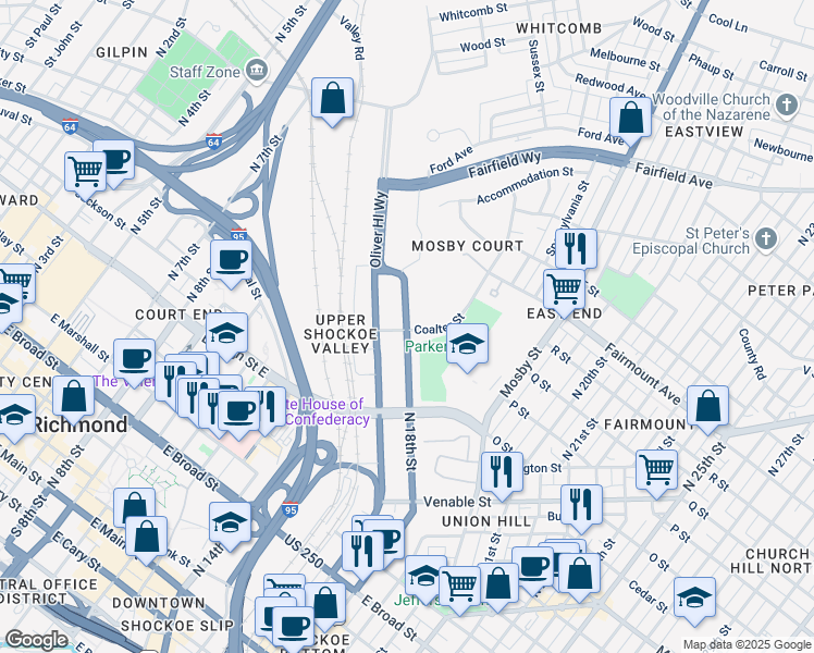 map of restaurants, bars, coffee shops, grocery stores, and more near 1301-1339 Coalter St in Richmond