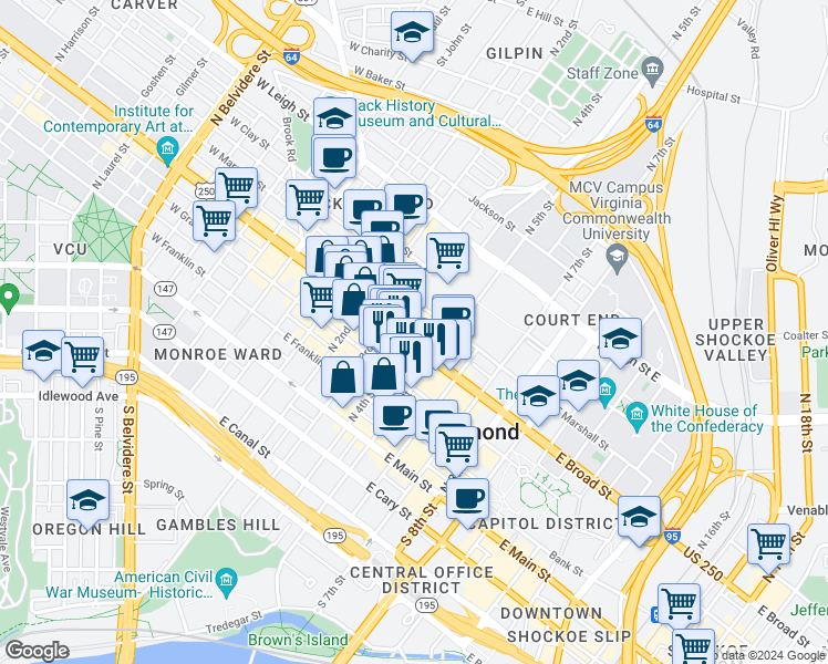 map of restaurants, bars, coffee shops, grocery stores, and more near in Richmond