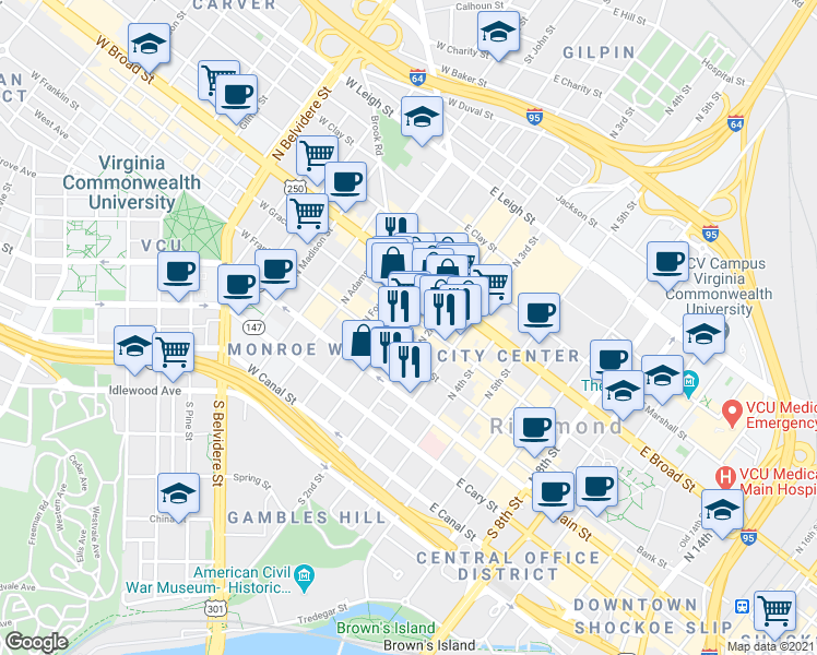 map of restaurants, bars, coffee shops, grocery stores, and more near 105 North 1st Street in Richmond