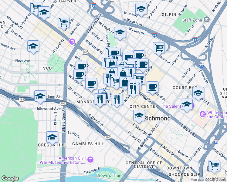 map of restaurants, bars, coffee shops, grocery stores, and more near 105 North 1st Street in Richmond