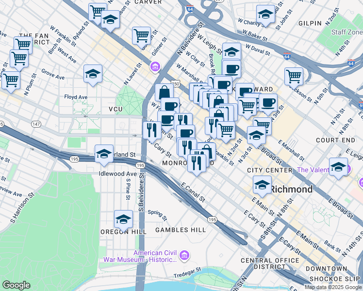 map of restaurants, bars, coffee shops, grocery stores, and more near 14 West Main Street in Richmond