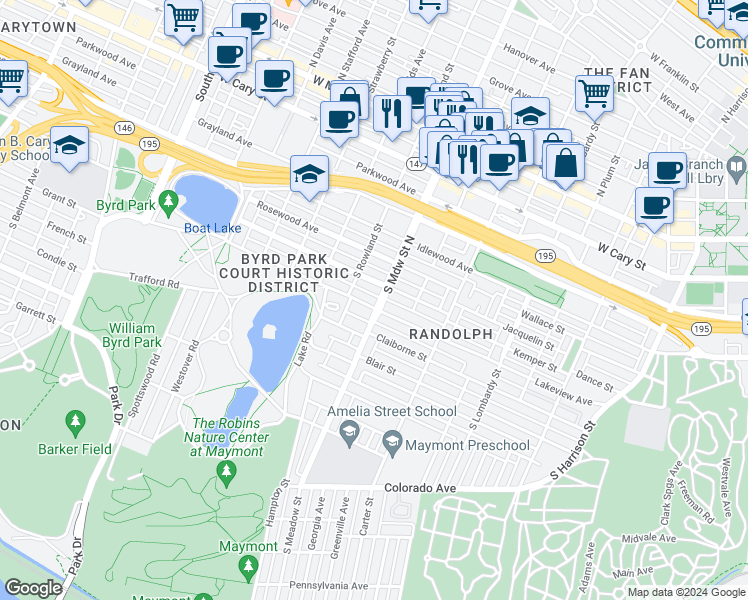 map of restaurants, bars, coffee shops, grocery stores, and more near in Richmond