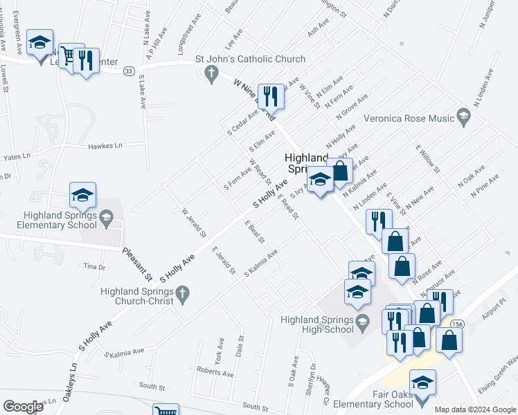 map of restaurants, bars, coffee shops, grocery stores, and more near 115 South Holly Avenue in Highland Springs