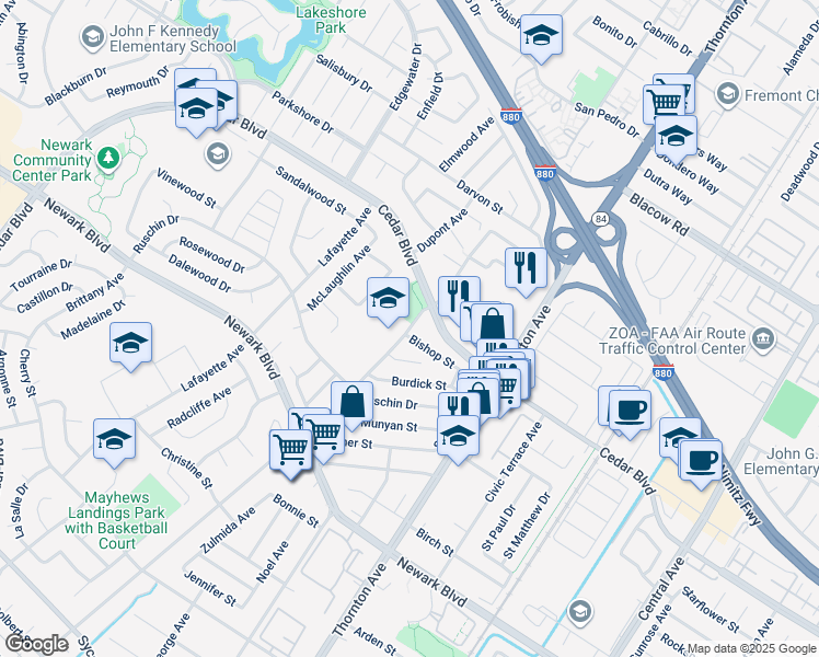 map of restaurants, bars, coffee shops, grocery stores, and more near 5735 Musick Avenue in Newark