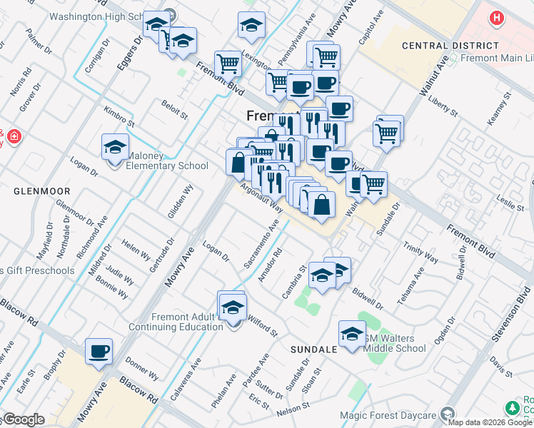 map of restaurants, bars, coffee shops, grocery stores, and more near 222 Presidio Way in Fremont