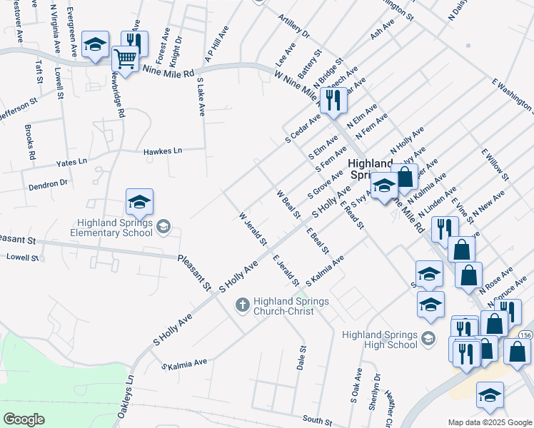 map of restaurants, bars, coffee shops, grocery stores, and more near 214 South Fern Avenue in Highland Springs