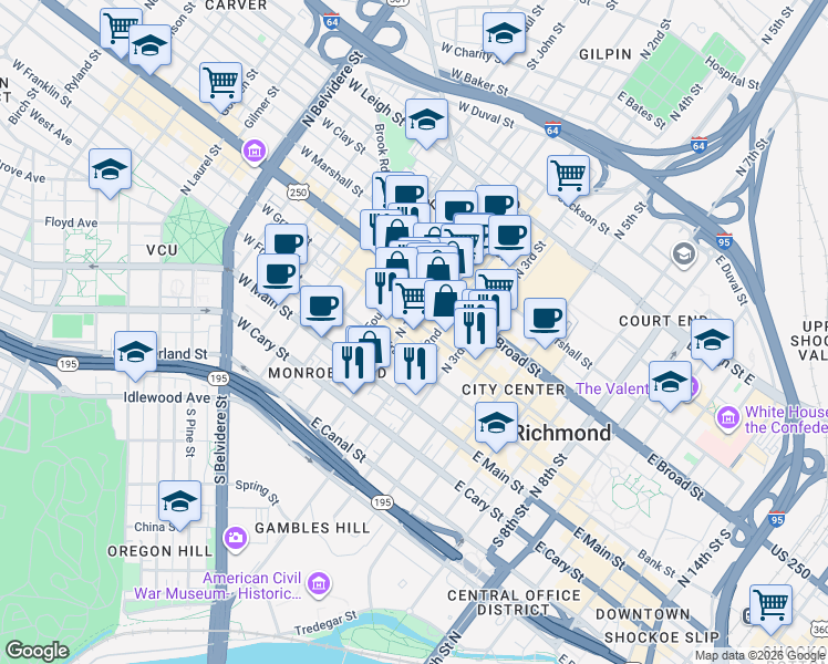 map of restaurants, bars, coffee shops, grocery stores, and more near 105 North 1st Street in Richmond