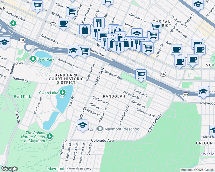 map of restaurants, bars, coffee shops, grocery stores, and more near 1811 Maplewood Avenue in Richmond
