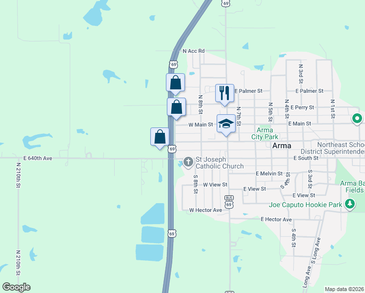map of restaurants, bars, coffee shops, grocery stores, and more near 328-498 W South St in Arma