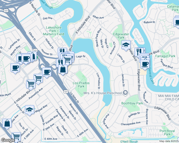 map of restaurants, bars, coffee shops, grocery stores, and more near 3201 Llano Street in San Mateo