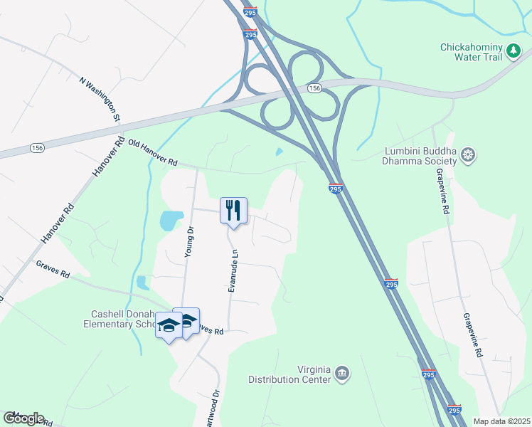 map of restaurants, bars, coffee shops, grocery stores, and more near 1920 Chinchilla Drive in Sandston
