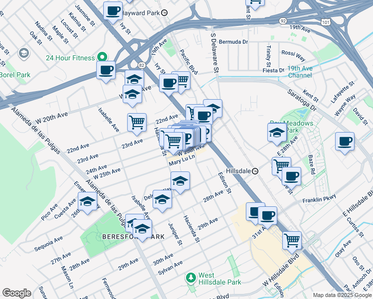 map of restaurants, bars, coffee shops, grocery stores, and more near 105 Mary Lu Lane in San Mateo