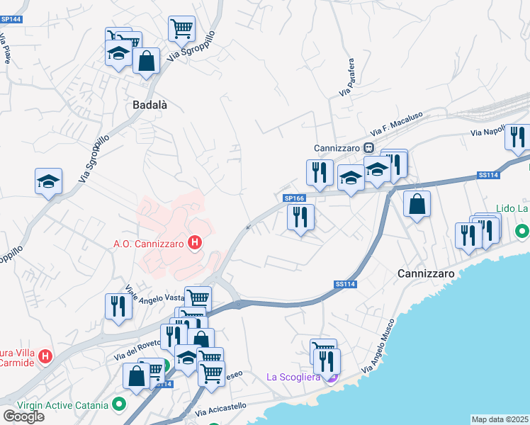 map of restaurants, bars, coffee shops, grocery stores, and more near 164 Via Firenze in Cannizzaro