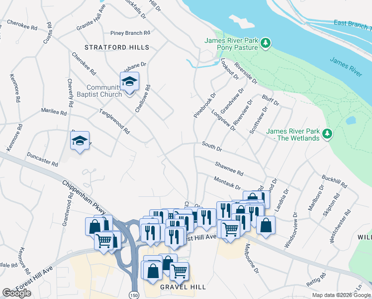 map of restaurants, bars, coffee shops, grocery stores, and more near 7217 South Drive in Richmond
