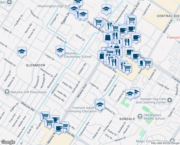 map of restaurants, bars, coffee shops, grocery stores, and more near 4446 Gertrude Drive in Fremont
