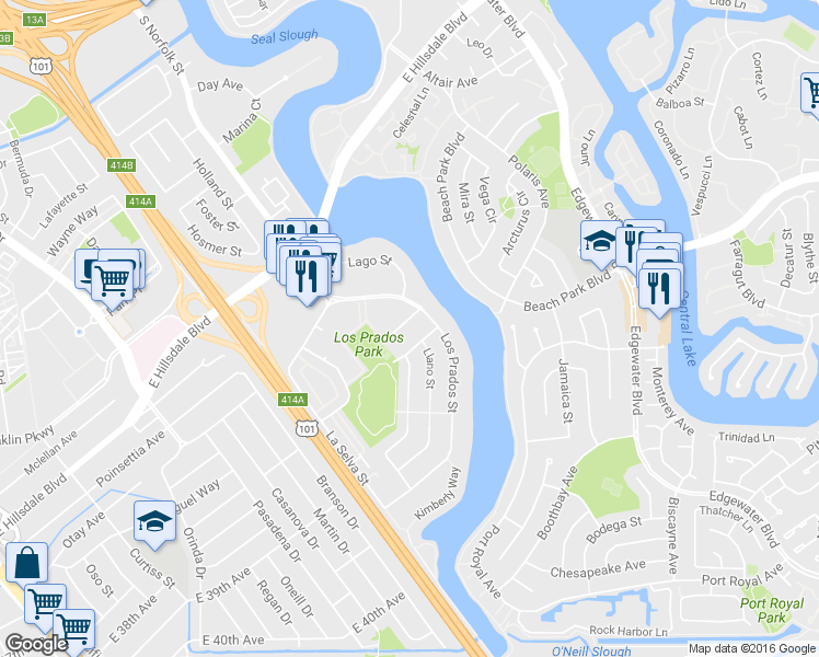 map of restaurants, bars, coffee shops, grocery stores, and more near 3201 Llano Street in San Mateo