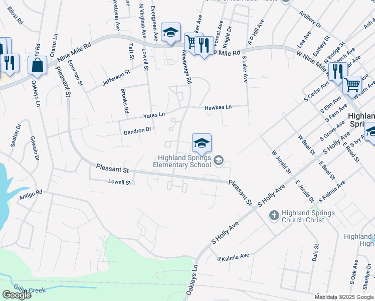 map of restaurants, bars, coffee shops, grocery stores, and more near 414 Acreview Drive in Henrico