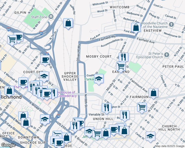 map of restaurants, bars, coffee shops, grocery stores, and more near 1301-1339 Coalter St in Richmond