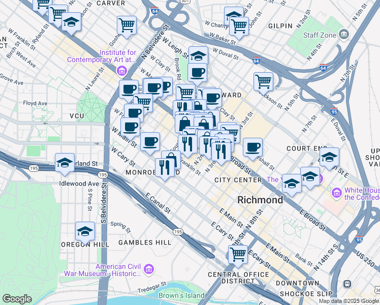 map of restaurants, bars, coffee shops, grocery stores, and more near 105 North 1st Street in Richmond
