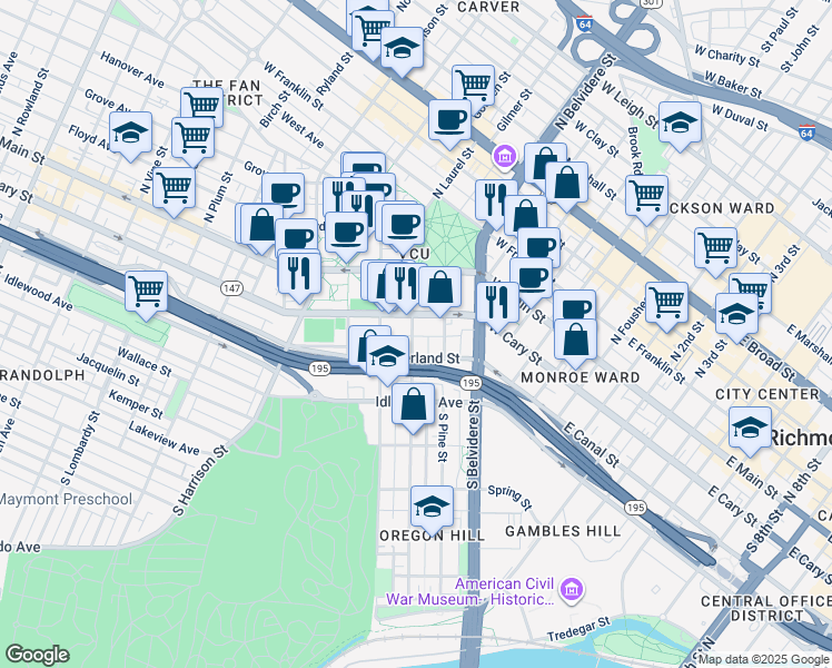 map of restaurants, bars, coffee shops, grocery stores, and more near 109 South Laurel Street in Richmond