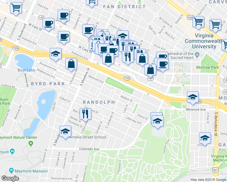 map of restaurants, bars, coffee shops, grocery stores, and more near 1702 Jacquelin Street in Richmond