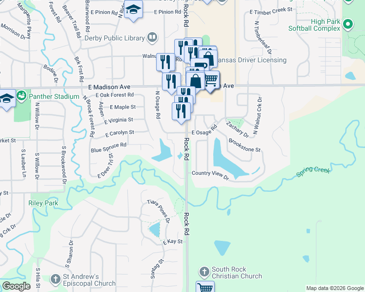 map of restaurants, bars, coffee shops, grocery stores, and more near 301 S Rock Rd in Derby
